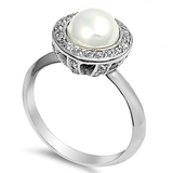 Sterling Silver Rhodium Plated Clear CZ And Pearl Half Ball Ring