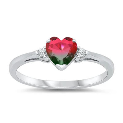 Sterling Silver Watermelon Tourmaline And Clear CZ Heart Ring