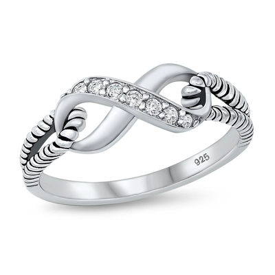 Sterling Silver Infinity Ring with Double Rope Band with Multi Clear CZ, Face Height of 7MM