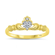 Load image into Gallery viewer, Sterling Silver Yellow Gold Plated Clear CZ Claddagh Ring
