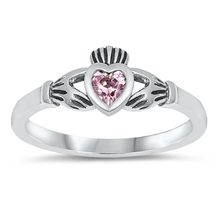 Load image into Gallery viewer, Sterling Silver Rhodium Plated Pink CZ Claddagh Ring