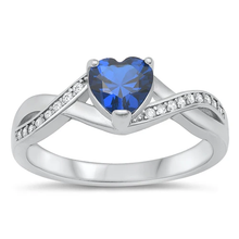 Load image into Gallery viewer, Sterling Silver Rhodium Plated Heart Blue Sapphire And Clear CZ Ring
