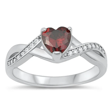 Load image into Gallery viewer, Sterling Silver Rhodium Plated Heart Garnet And Clear CZ Ring