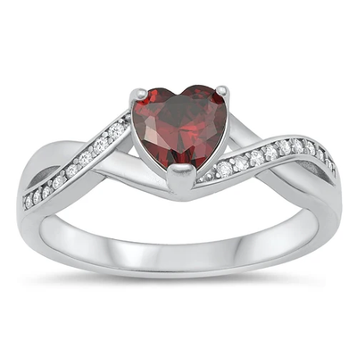 Sterling Silver Rhodium Plated Heart Garnet And Clear CZ Ring