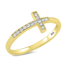 Load image into Gallery viewer, Sterling Silver Yellow Gold Plated Sideways Cross Clear CZ Ring