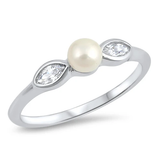 Sterling Silver Flower Clear CZ And Freshwater Pearl Ring
