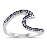 Sterling Silver Rhodium Plated Wave Amethyst CZ Ring