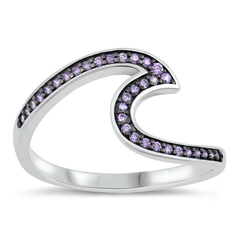 Sterling Silver Rhodium Plated Wave Amethyst CZ Ring