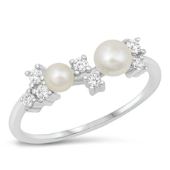 Sterling Silver Rhodium Plated Clear CZ And Freshwater Pearl Ring