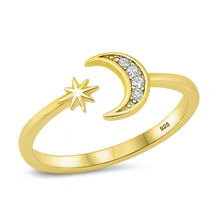 Load image into Gallery viewer, Sterling Silver Yellow Gold Plated Moon And Star Clear CZ Ring