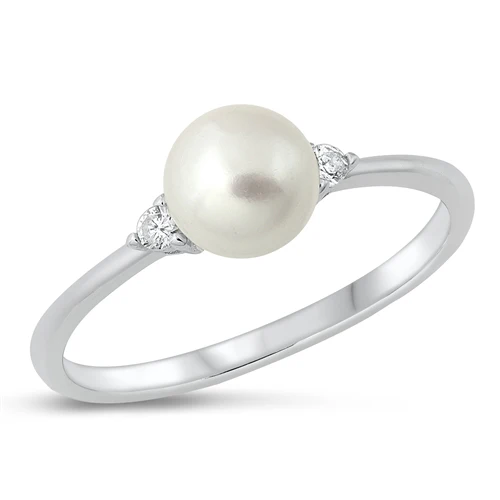 Sterling Silver Rhodium Plated Pearl and Clear CZ Ring