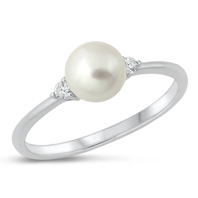 Sterling Silver Rhodium Plated Pearl and Clear CZ Ring