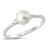 Sterling Silver Rhodium Plated Pearl And Clear CZ Ring