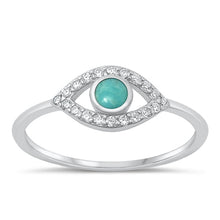 Load image into Gallery viewer, Sterling Silver Rhodium Plated Clear CZ and Genuine Turquoise Evil Eye Ring