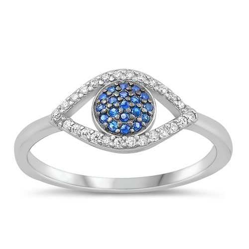 Sterling Silver Rhodium Plated Clear and Blue Sapphire CZ Eye Ring-8.4mm