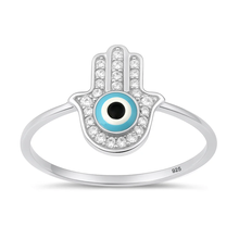 Load image into Gallery viewer, Sterling Silver Rhodium Plated Clear CZ Hamsa And Evil Eye Ring