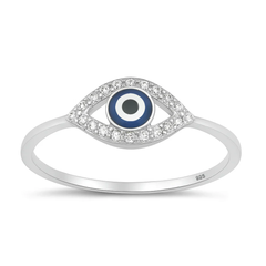Sterling Silver Rhodium Plated 7.4mm Evil Eye Clear CZ Ring