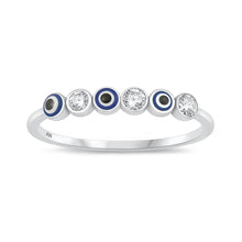 Load image into Gallery viewer, Sterling Silver Rhodium Plated Enamel And Clear CZ Evil Eye Ring