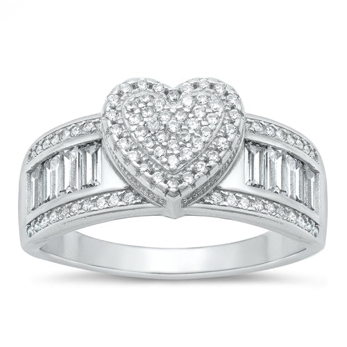 Sterling Silver Rhodium Plated Heart Clear CZ Ring