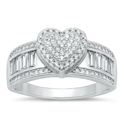 Sterling Silver Rhodium Plated Heart Clear CZ Ring