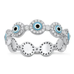 Sterling Silver Rhodium Plated Circles Evil Eye Clear CZ Ring