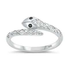 Sterling Silver Rhodium Plated Snake Black And Clear CZ Ring