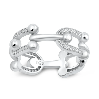Sterling Silver Rhodium Plated Horseshoe Link Clear CZ Ring