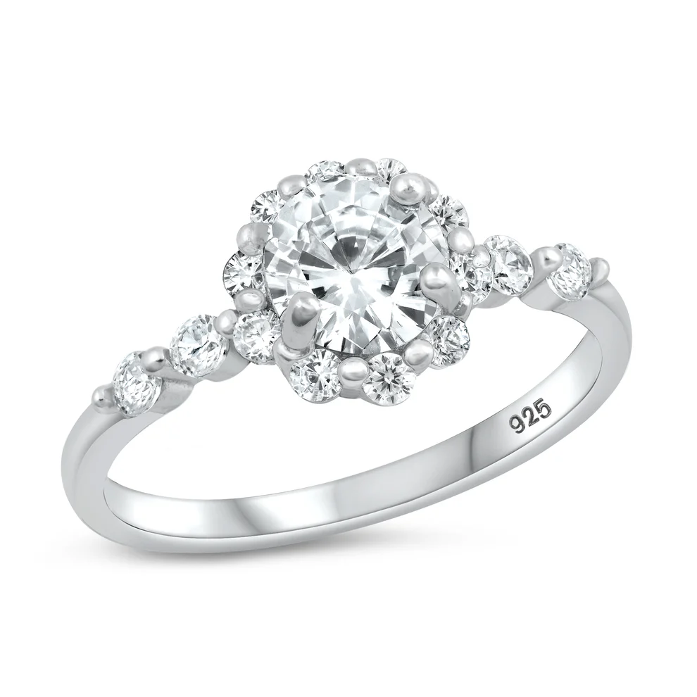 Sterling Silver Rhodium Plated Flower Clear CZ Ring