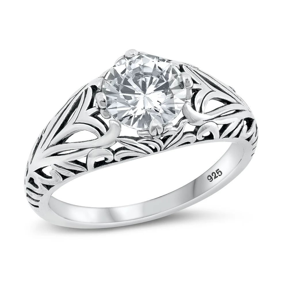 Sterling Silver Oxidized Floral Clear CZ Ring