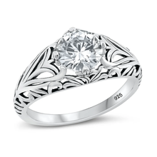 Load image into Gallery viewer, Sterling Silver Oxidized Floral Clear CZ Ring