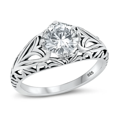 Sterling Silver Oxidized Floral Clear CZ Ring