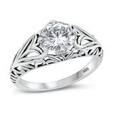 Sterling Silver Oxidized Floral Clear CZ Ring