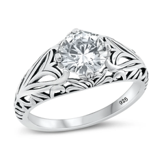 Sterling Silver Oxidized Floral Clear CZ Ring