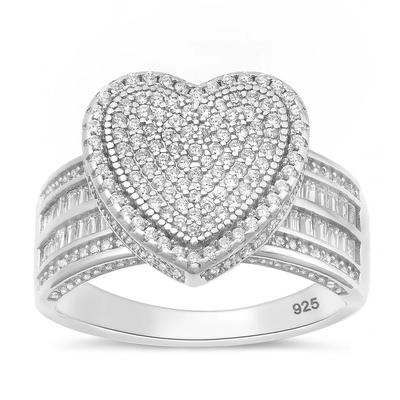 Sterling Silver Rhodium Plated Pave Heart Clear CZ Ring