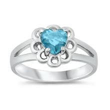 Load image into Gallery viewer, Sterling Silver Rhodium Plated Heart Aquamarine CZ Baby Ring