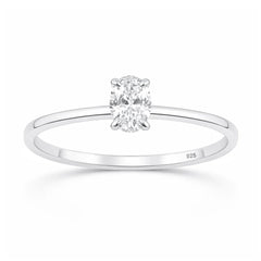 Sterling Silver Rhodium Plated Lab Created Diamond Oval Solitaire Ring