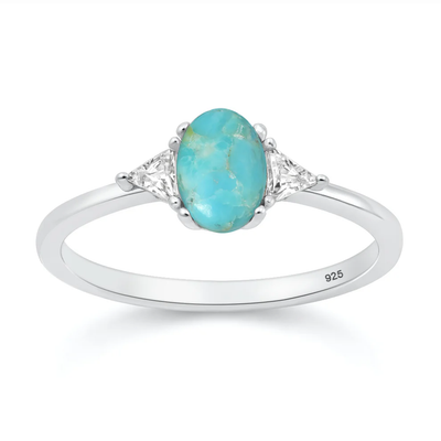 Sterling Silver Oxidized And Polished Turquoise And Clear CZ Ring