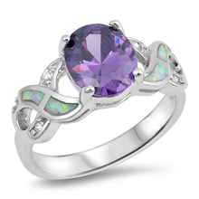 Load image into Gallery viewer, Sterling Silver Oval White Lab Opal And Amethyst CZ Ring