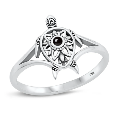 Sterling Silver Oxidized Turtle Black Agate Stone Ring
