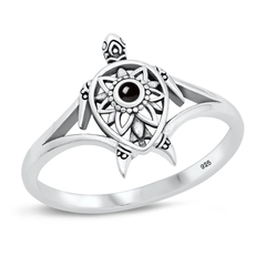 Sterling Silver Oxidized Turtle Black Agate Stone Ring