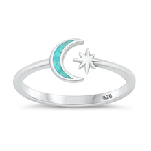 Load image into Gallery viewer, Sterling Silver Rhodium Plated Moon And Star Genuine Turquoise Stone Ring