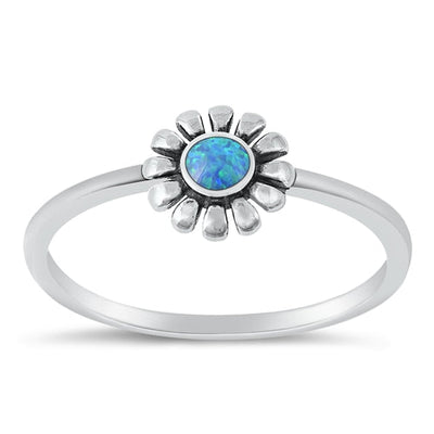 Sterling Silver Oxidized Blue Lab Opal Flower Ring