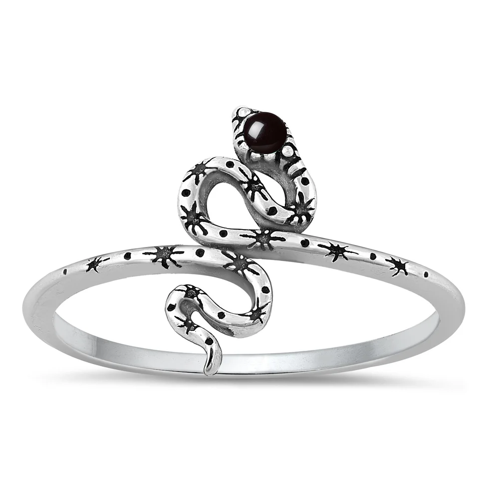 Sterling Silver Oxidized 13.5mm Snake Black Agate Stone Ring