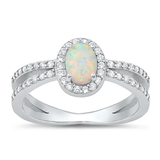Sterling Silver Rhodium Plated White Lab Opal And Clear CZ Ring