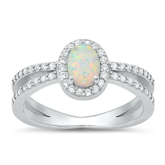 Sterling Silver Rhodium Plated White Lab Opal And Clear CZ Ring