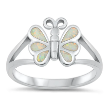 Load image into Gallery viewer, Sterling Silver Rhodium Plated White Lab Opal Butterfly Ring