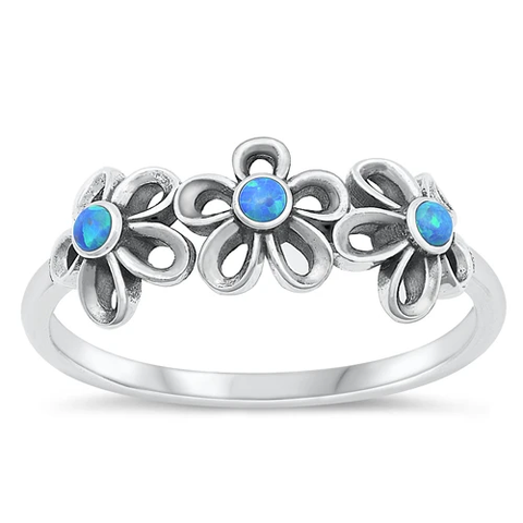 Sterling Silver Oxidized Blue Lab Opal Flower Ring
