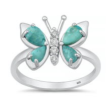 Load image into Gallery viewer, Sterling Silver Rhodium Plated Butterfly Genuine Turquoise And Clear CZ Ring