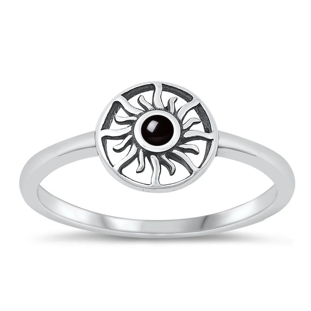 Sterling Silver Oxidized Black Agate Sun Stone Ring