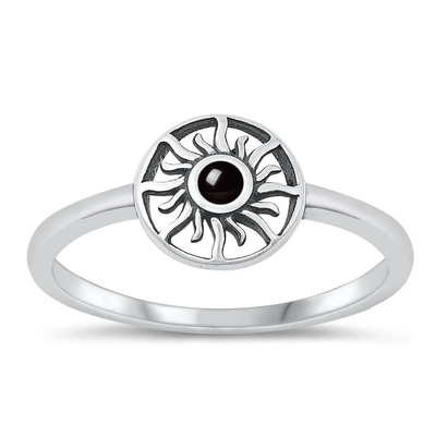 Sterling Silver Oxidized Black Agate Sun Stone Ring